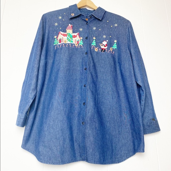 Karen Scott II Holiday Embellished Denim Button Up Shirt Women’s Size 1X - Picture 1 of 9